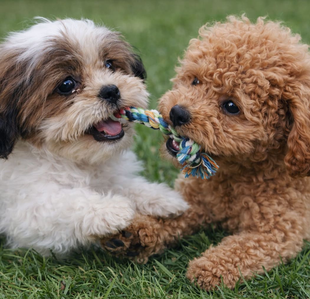 Chiens jouant ensemble sur l'herbe