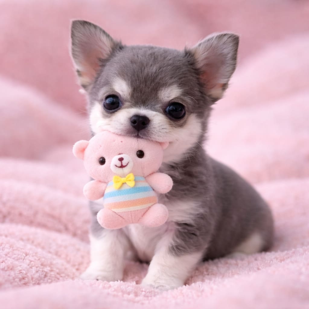 Chiot Chihuahua avec jouet en peluche