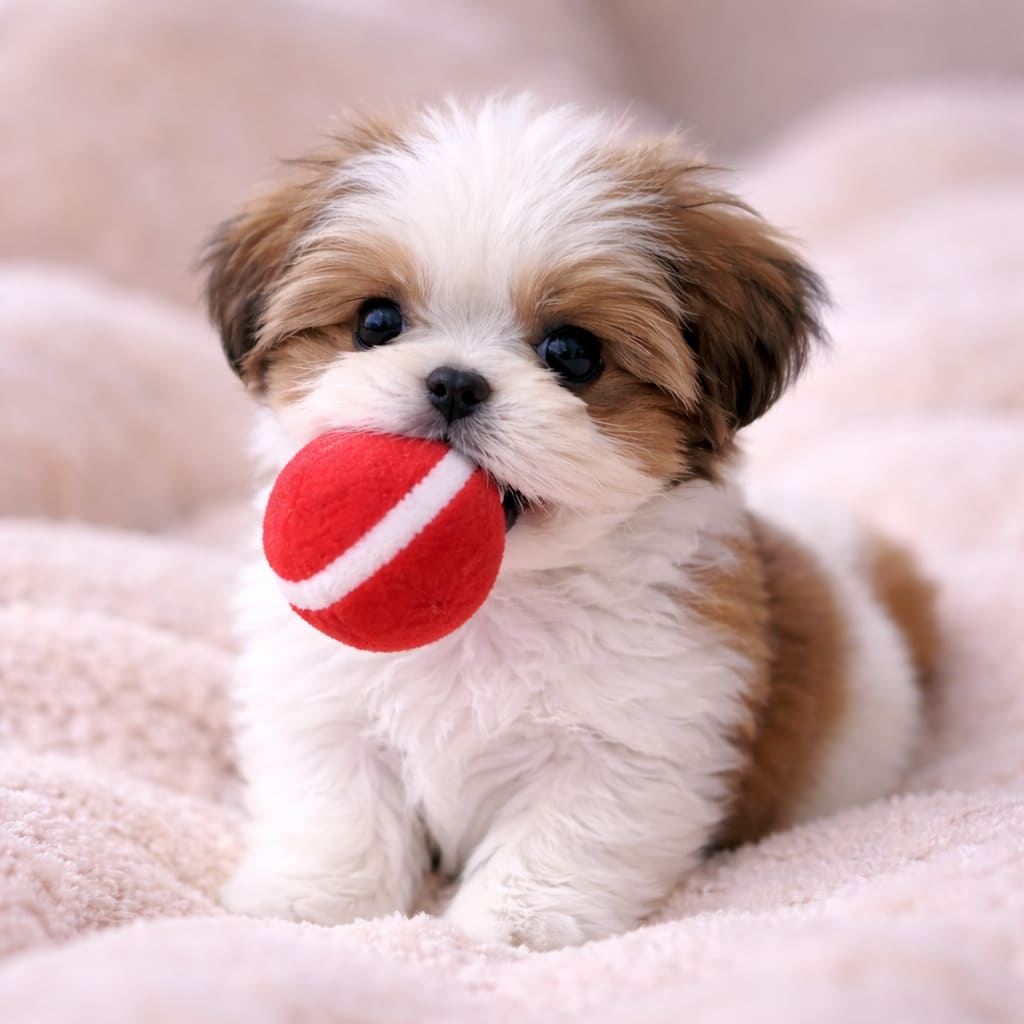 Chiot Shih Tzu avec jouet rouge