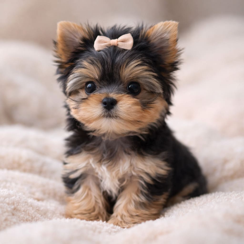 Chiot Yorkshire sur couverture crème
