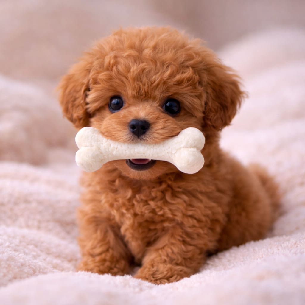 Chiot caniche toy avec jouet à mâcher