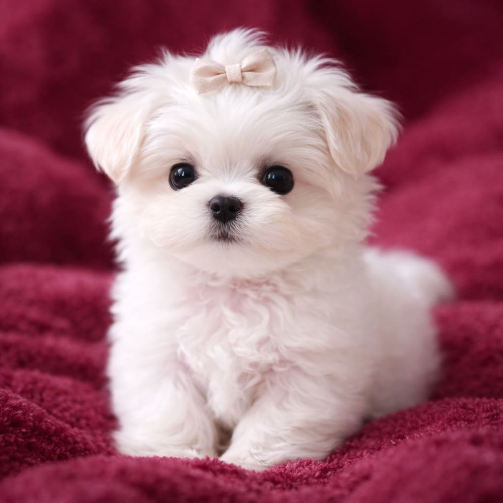 Petit chiot maltais sur une couverture rose Petit chiot maltais sur une couverture rose